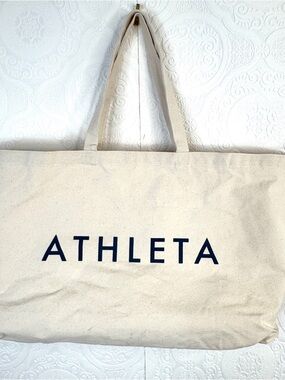 Athleta Large Cotton Canvas Shopping Gym Tote Bag Lightweight Cream Navy Letters